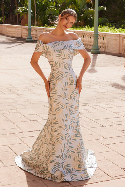 Nox Anabel MJ134 Stunning Jacquard Off-Shoulder Gown