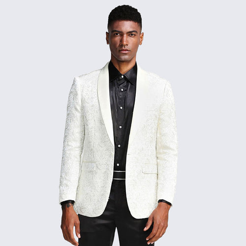 Ivory Paisley Tuxedo Jacket with Shawl Lapel β Wedding & Prom