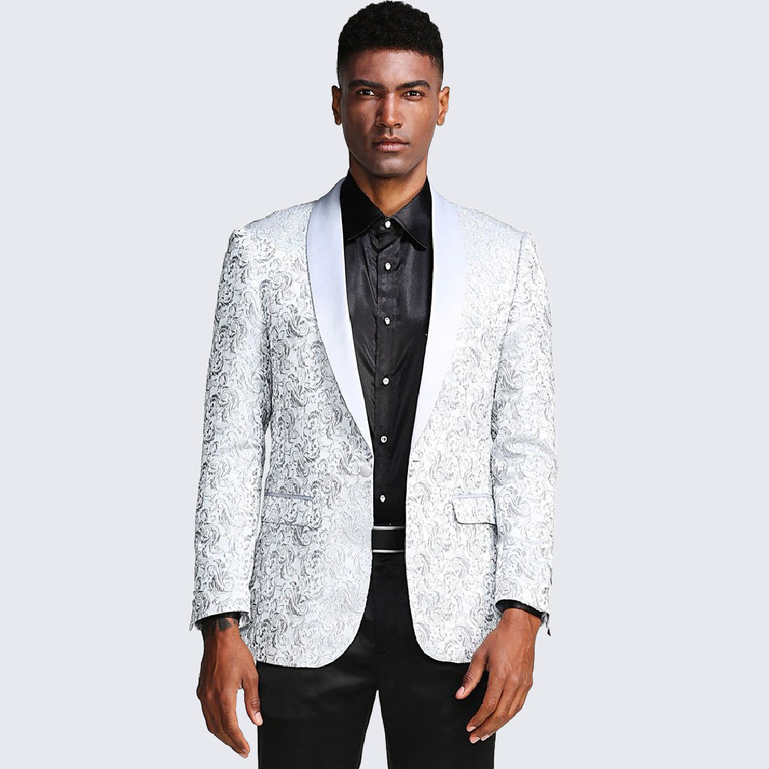 Silver Paisley Tuxedo Jacket with Shawl Lapel β Slim Fit