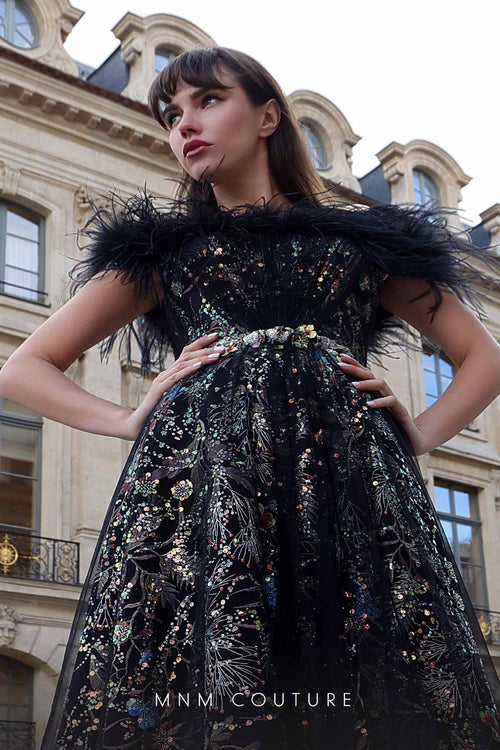 Black Feather-Shoulder Ball Gown by MNM Couture K4021