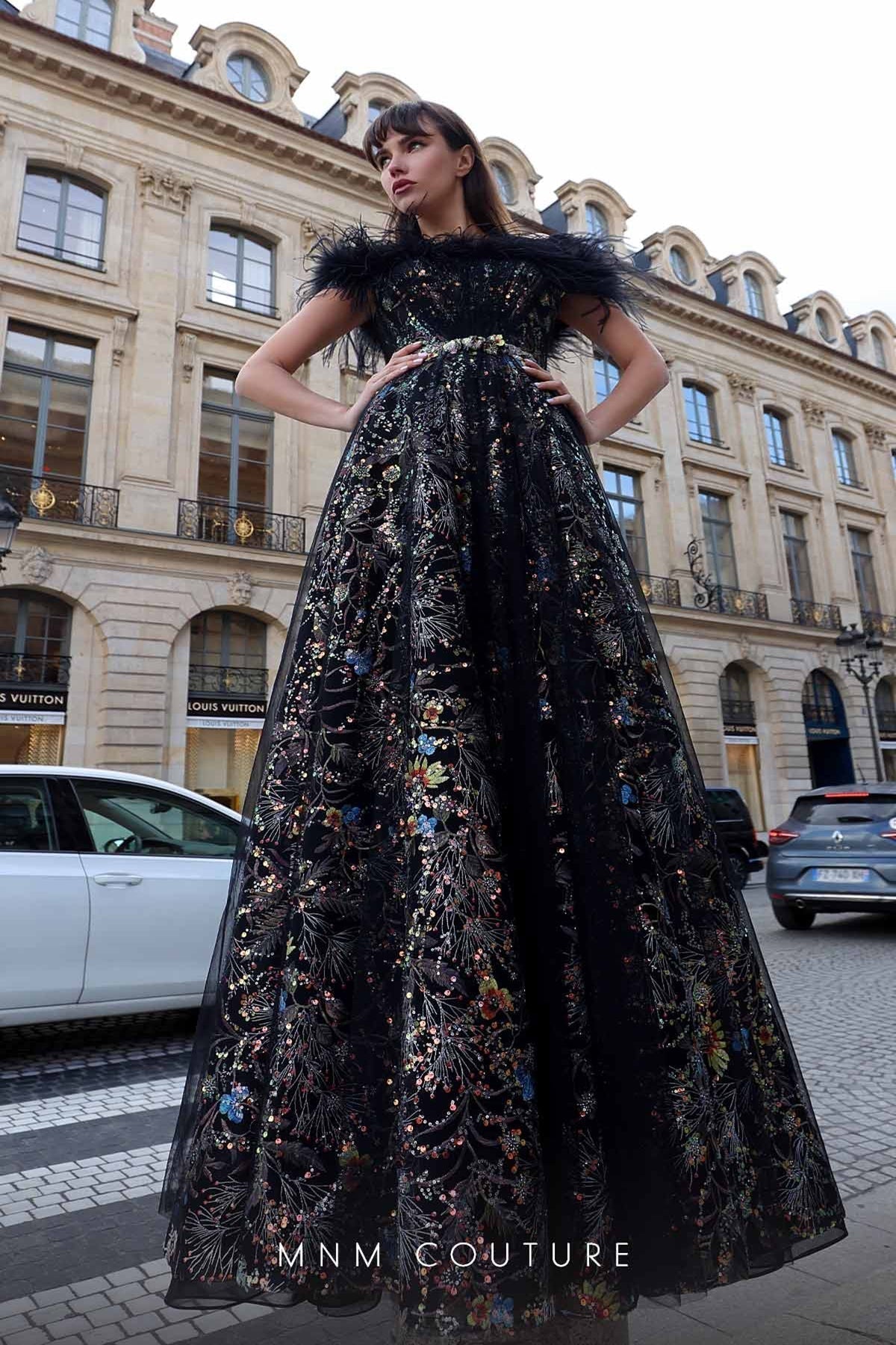 Black Feather-Shoulder Ball Gown by MNM Couture K4021