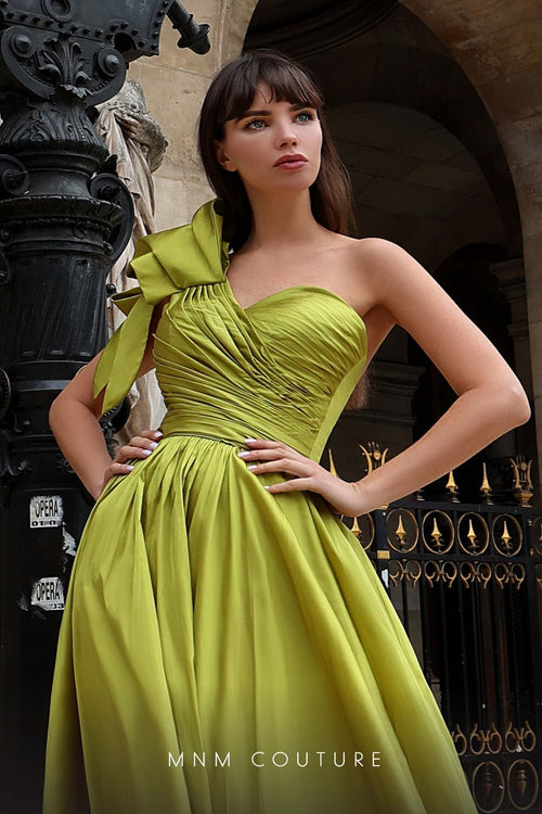 MNM Couture K4026 One-Shoulder Blue Gown with Draped Bodice and High Slit
