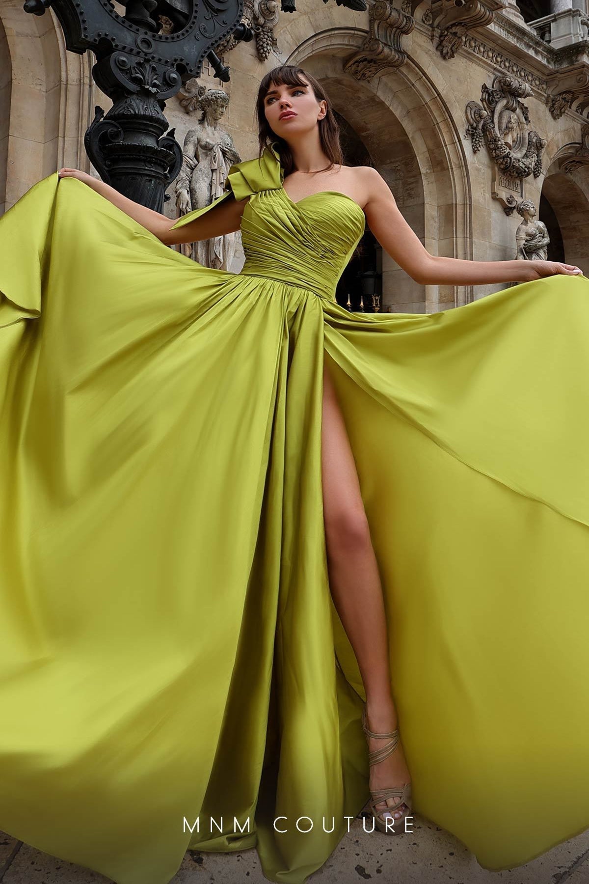 MNM Couture K4026 One-Shoulder Blue Gown with Draped Bodice and High Slit