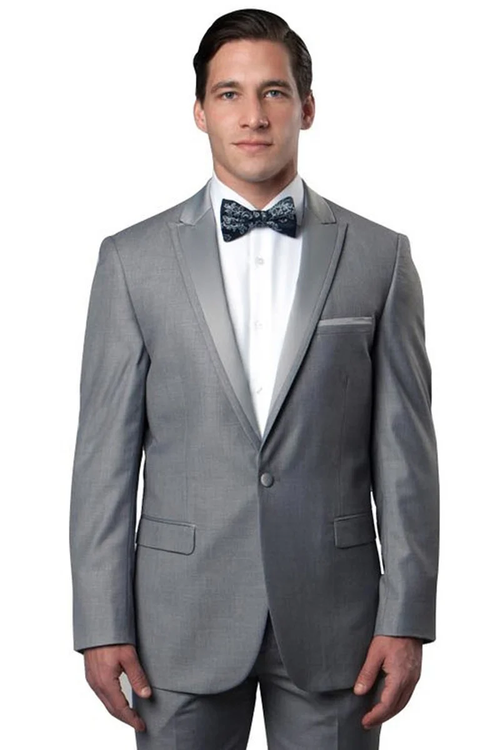Mens Gray Tuxedo - Grey Wedding Suit-Mens Skinny Fit One Button Satin Trim Peak Lapel Prom & Wedding Tuxedo In Grey - Men's Tuxedo USA