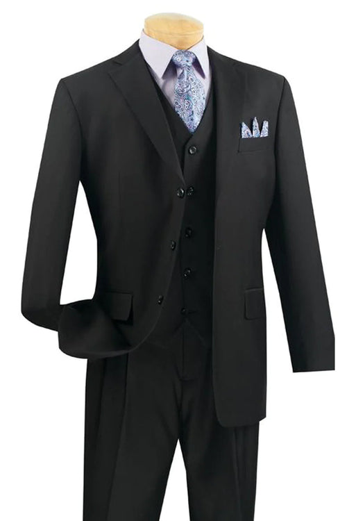 Mens 3 Button Classic Fit Vested Basic Suit in Black by Fortino Landiin