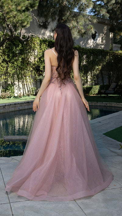 A-Line Glitter Tulle Evening Gown with Beaded Applique Bodice & Spaghetti Straps By May Queen MQ2178