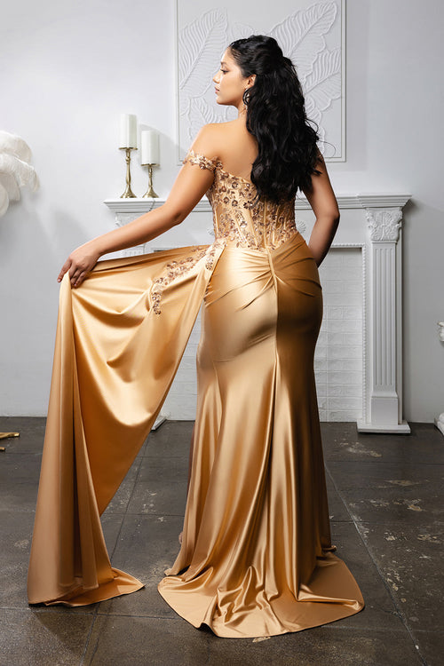 Off-Shoulder Sequin Applique Satin Evening Gown Formal Prom Dress By May Queen MQ2179