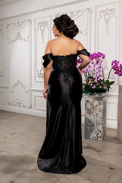 Plus Size Mermaid Evening Gown with Beaded Corset Bodice & High Slit by May Queen MQ2181B