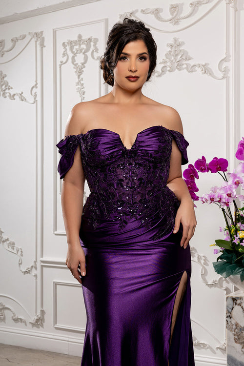 Plus Size Mermaid Evening Gown with Beaded Corset Bodice & High Slit by May Queen MQ2181B