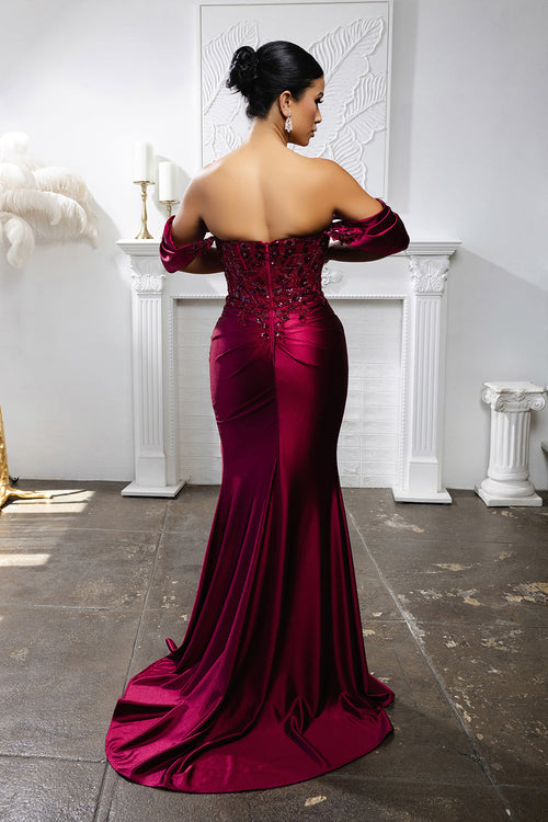 Plus Size Mermaid Evening Gown with Beaded Corset Bodice & High Slit by May Queen MQ2181B