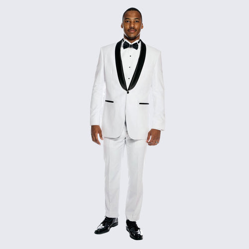 White Slim Fit Tuxedo with Black Shawl Lapel – Wedding & Prom