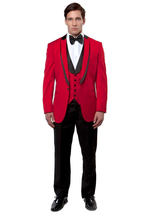 Men's One Button Satin Trimmed Peak Lapel Vested Fancy Tuxedo In Red by USA Men's Outlet