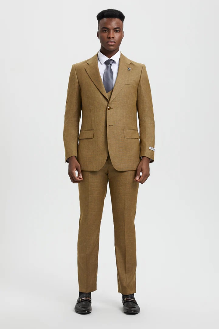 Tan Suits For Wedding - Tan Groomsmen Suits - Tan Sharkskin Tuxedo - Men's Tuxedo USA