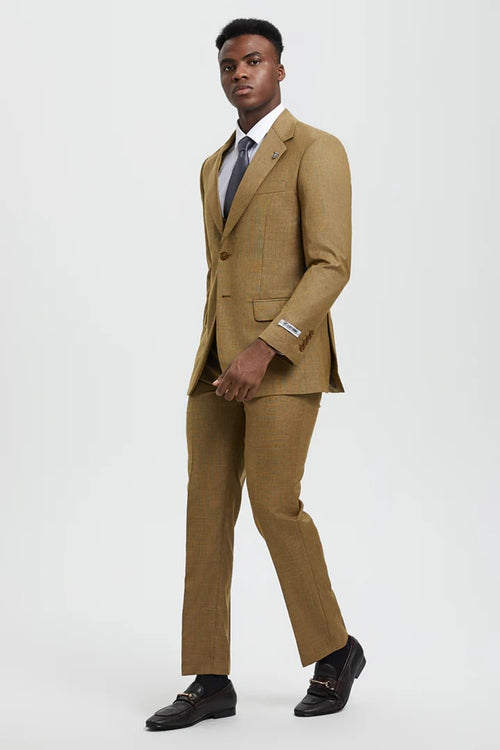 Tan Suits For Wedding - Tan Groomsmen Suits - Tan Sharkskin Tuxedo - Men's Tuxedo USA