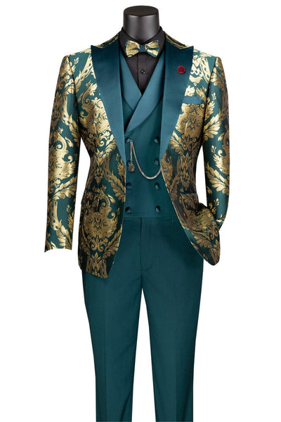 Men's Shiny Emerald Paisley Jacquard Vested Tuxedo