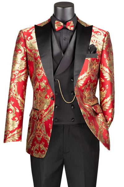 Men's Shiny Paisley Jacquard Vested Tuxedo in Red & Gold