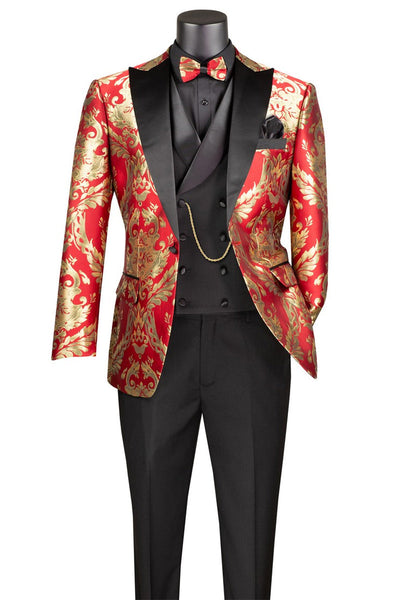 Men's Shiny Paisley Jacquard Vested Tuxedo in Red & Gold