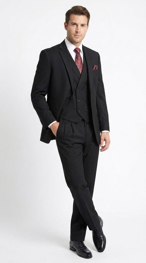 Men’s Black 2 Button Suit with Double Breasted Vest, Pleated Pant Formal Wedding Business Suit