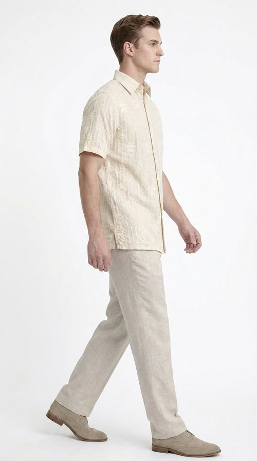Men’s Cream Abstract Stripe Walking Suit Set, 2 Piece Short Sleeve Casual Shirt and Pants Outfit