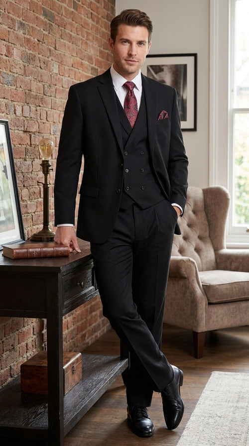 Men’s Black 2 Button Suit with Double Breasted Vest, Pleated Pant Formal Wedding Business Suit