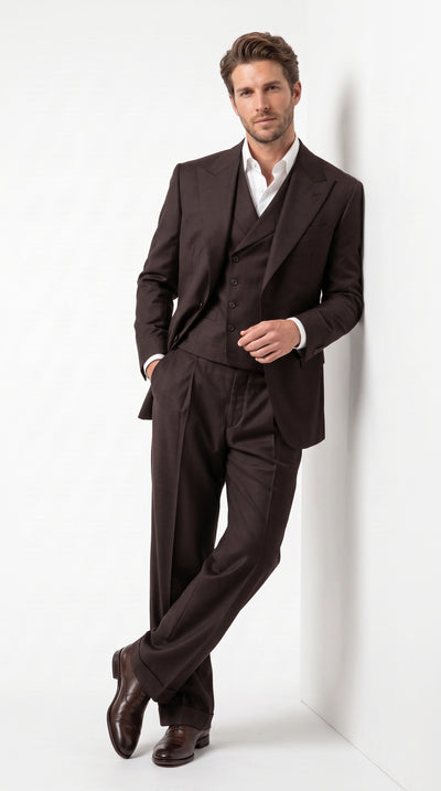 Tiglio Rosso Men’s Chocolate Brown 3 Piece Wool Suit, Classic Fit Super 150s Suit with Double Breasted Vest