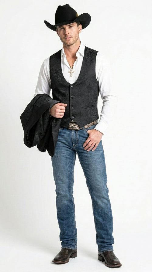 Men’s Black Paisley Jacquard Blazer with Satin Shawl Lapel, Western Formal Designer Jacket