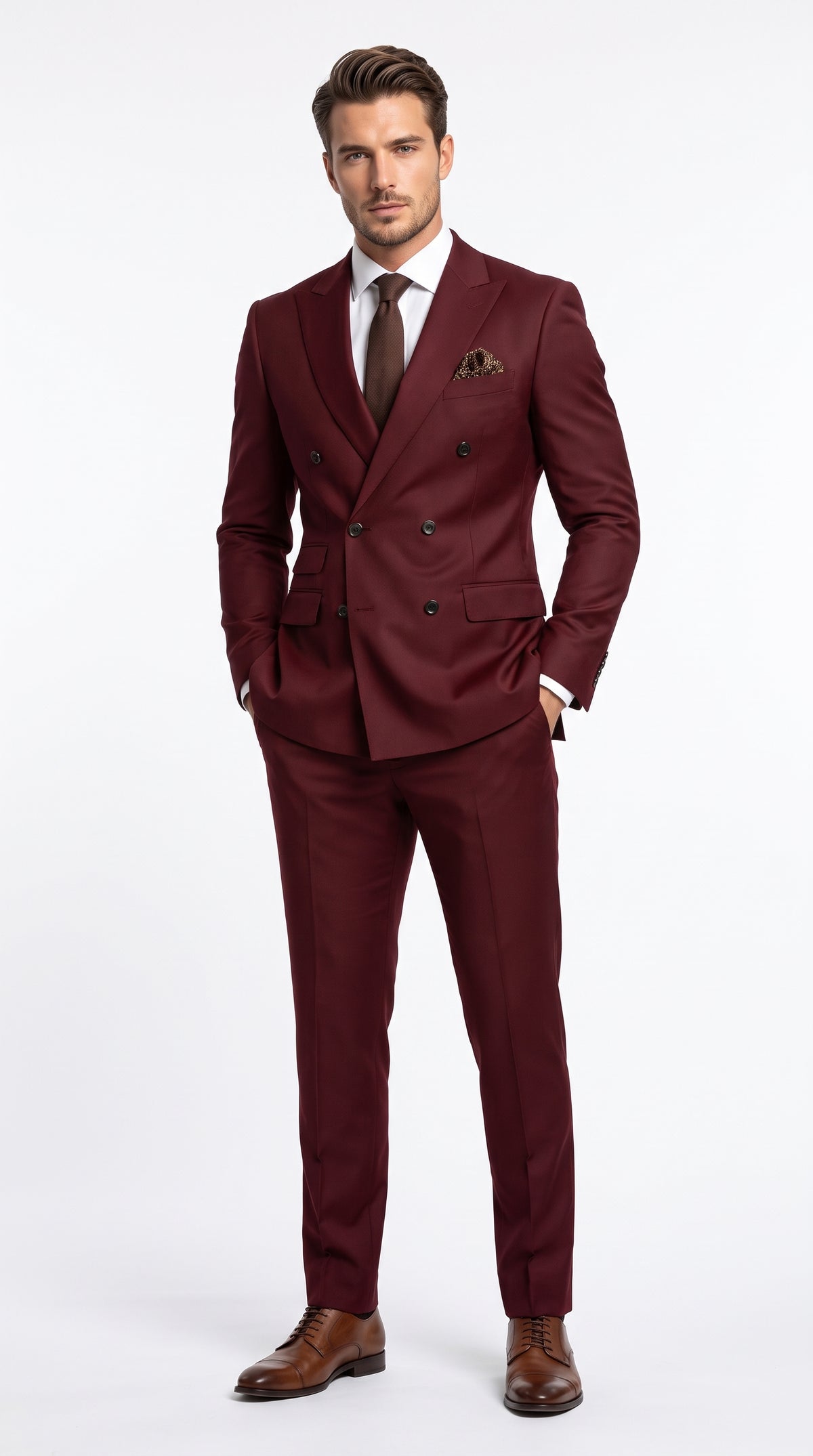 Men’s Burgundy Double Breasted Suit – Modern Fit Wedding, Prom & Formal Suit with Tapered Pants