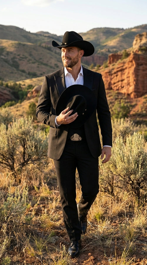 Men’s Black Western Tuxedo Suit with Satin Shawl Lapel Blazer and Double Breasted Vest