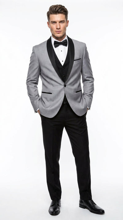 Men’s Grey and Black 3-Piece Prom Tuxedo – Vested Wedding Suit with Black Shawl Lapel