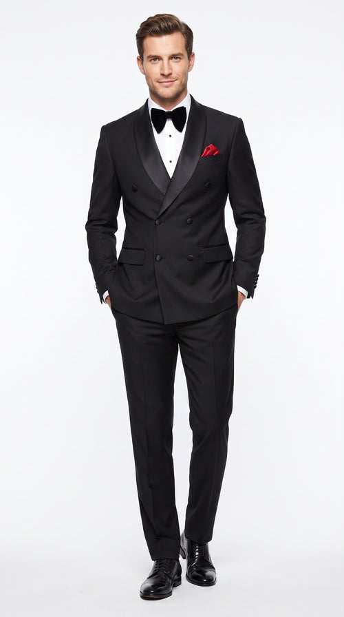Men’s Black 6 Button Double Breasted Tuxedo, 2 Piece Formal Wedding Prom Suit