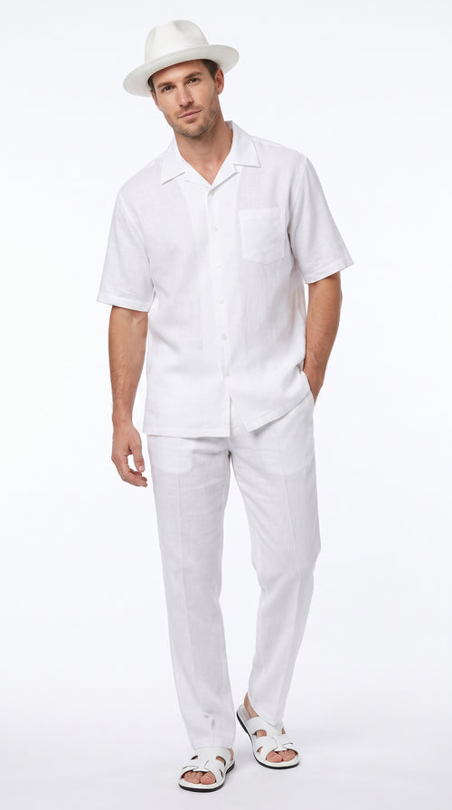 Men’s Big Size White Linen Walking Suit, Short Sleeve Shirt and Pants Casual Summer Set