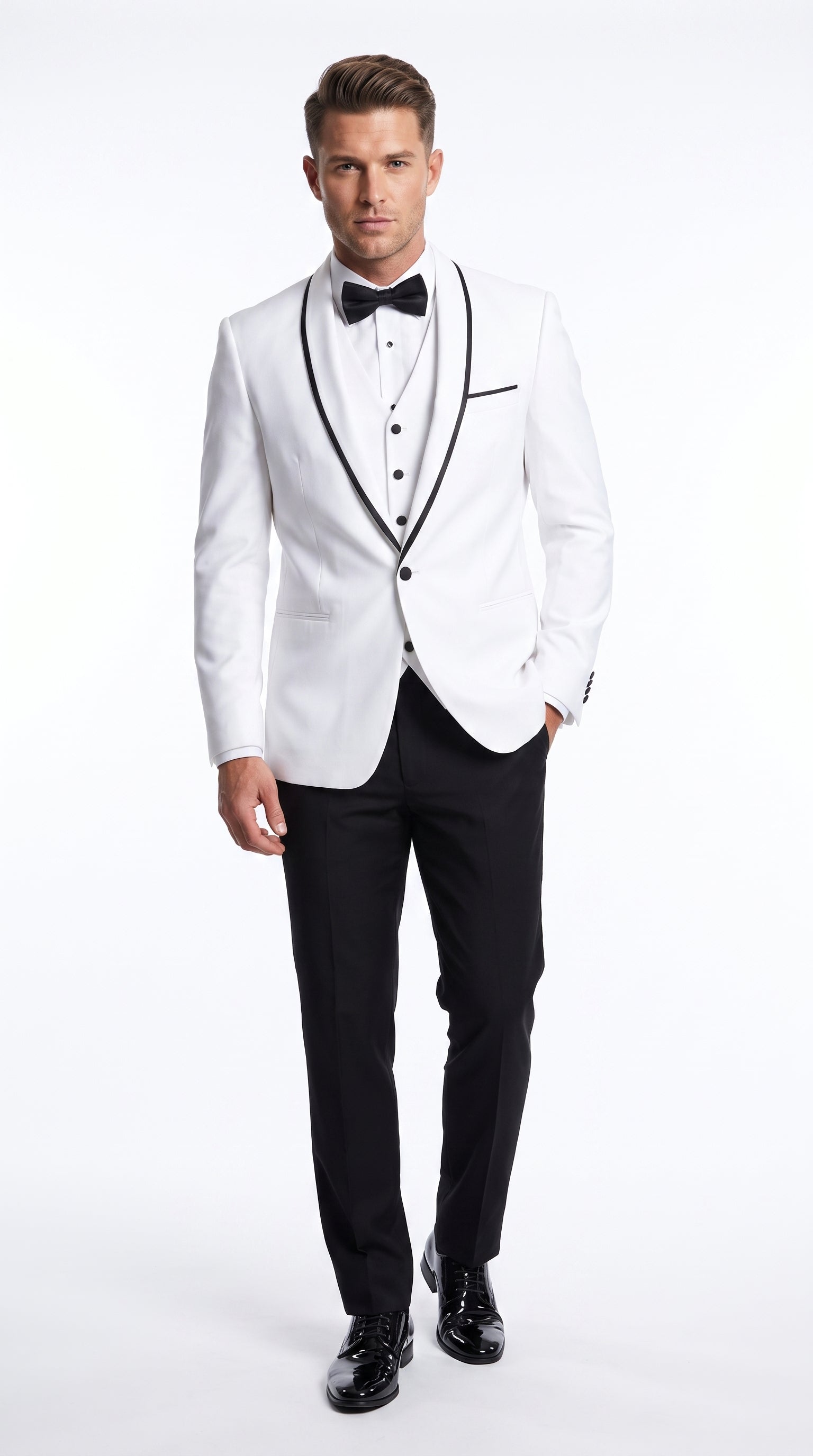Men’s White and Black One Button Satin Trim Shawl Lapel Tuxedo for Wedding, Prom and Formal Events