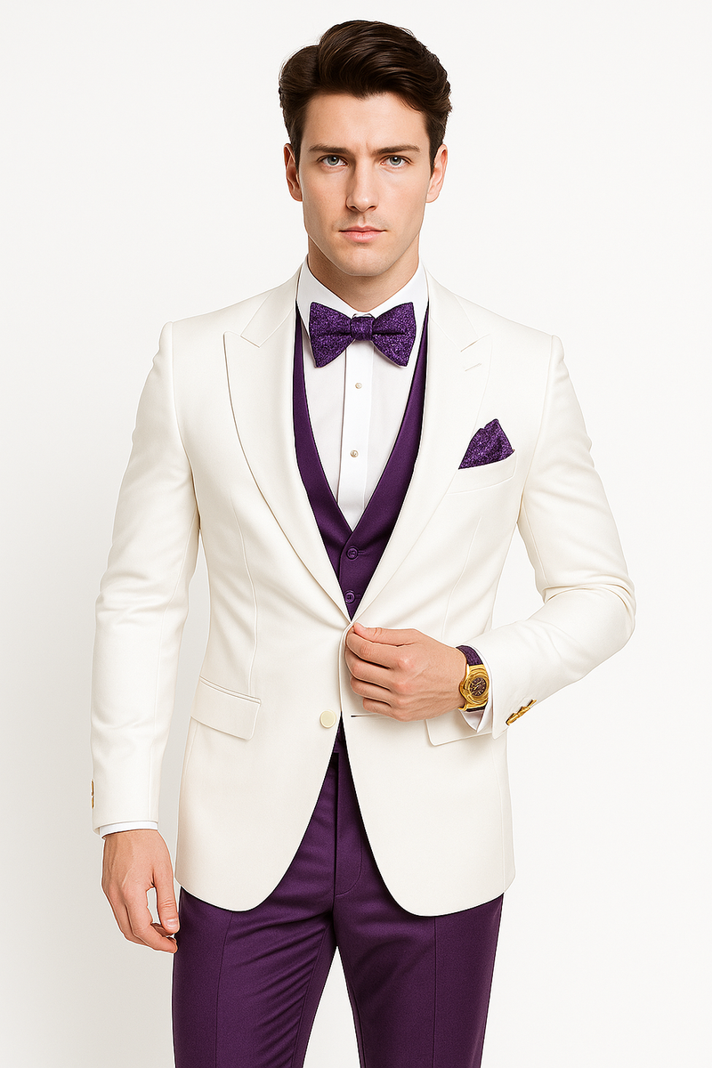 White and Purple Tuxedo Wedding Suit - White Dinner Jacket + Vest + Pants + Bow-tie