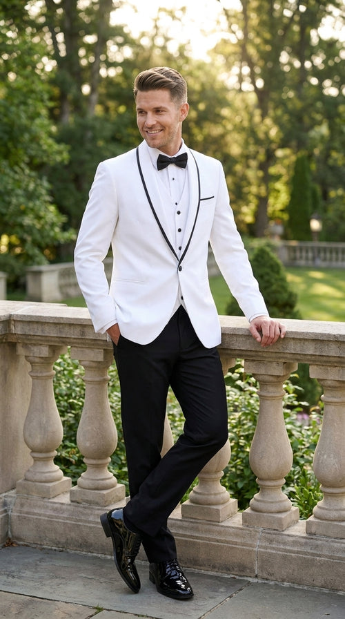 Men’s White and Black One Button Satin Trim Shawl Lapel Tuxedo for Wedding, Prom and Formal Events