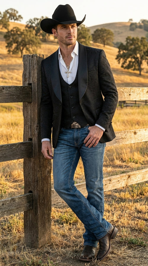 Men’s Black Paisley Jacquard Blazer with Satin Shawl Lapel, Western Formal Designer Jacket