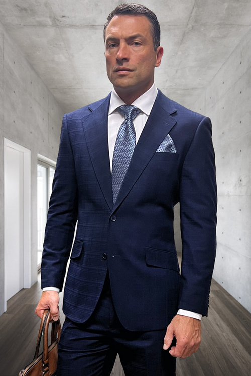 Men's Navy Blue Plaid Wool Suit in Two Buttons