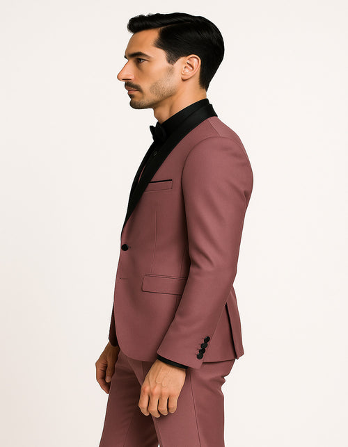 Men's Mauve Pink Tuxedo Suit - 3-Piece Slim Fit with Black Satin Shawl Lapel by USA Men's Outlet