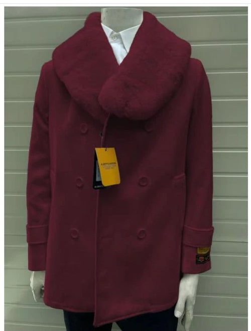 Men’s Burgundy Double-Breasted Overcoat with Faux Fur Shawl Collar – Alberto Nardoni Signature