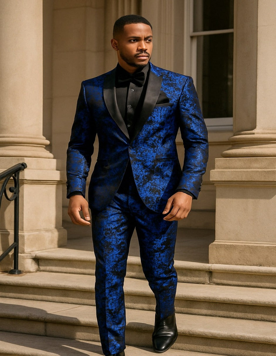 Men’s Royal Blue and Black Floral Tuxedo Suit – Slim Fit 2 Piece Formal Outfit with Matching Bow Tie – SuitUSA