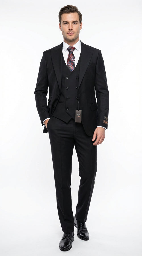 Tiglio Men’s Black 3 Piece Suit – Classic Formal Business Suit with Vest for Wedding and Special Occasion