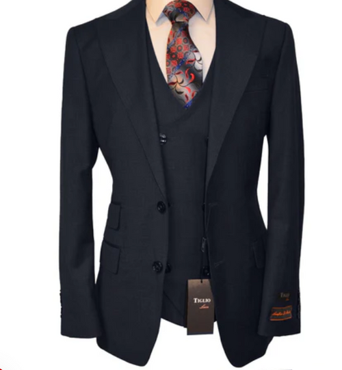 Tiglio Men’s Black 3 Piece Suit – Classic Formal Business Suit with Vest for Wedding and Special Occasion