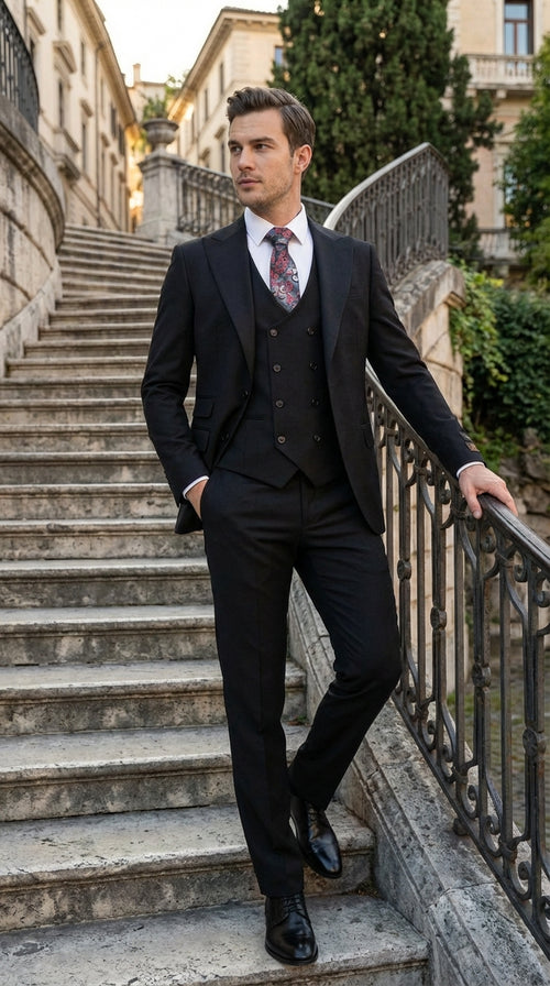 Tiglio Men’s Black 3 Piece Suit – Classic Formal Business Suit with Vest for Wedding and Special Occasion