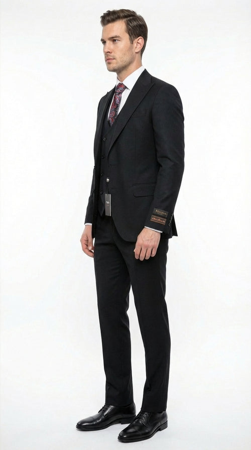 Tiglio Men’s Black 3 Piece Suit – Classic Formal Business Suit with Vest for Wedding and Special Occasion
