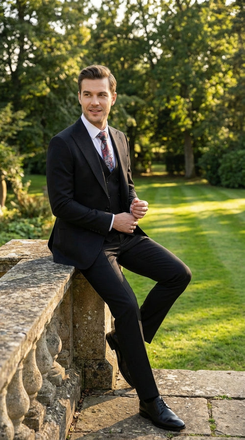 Tiglio Men’s Black 3 Piece Suit – Classic Formal Business Suit with Vest for Wedding and Special Occasion