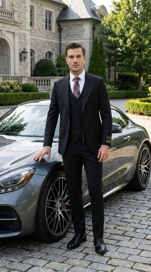 Tiglio Men’s Black 3 Piece Suit – Classic Formal Business Suit with Vest for Wedding and Special Occasion