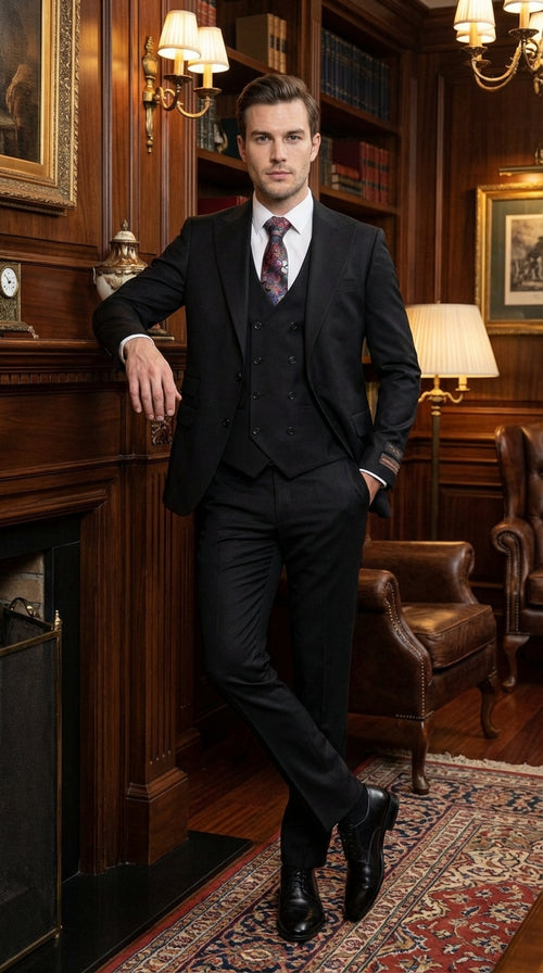 Tiglio Men’s Black 3 Piece Suit – Classic Formal Business Suit with Vest for Wedding and Special Occasion