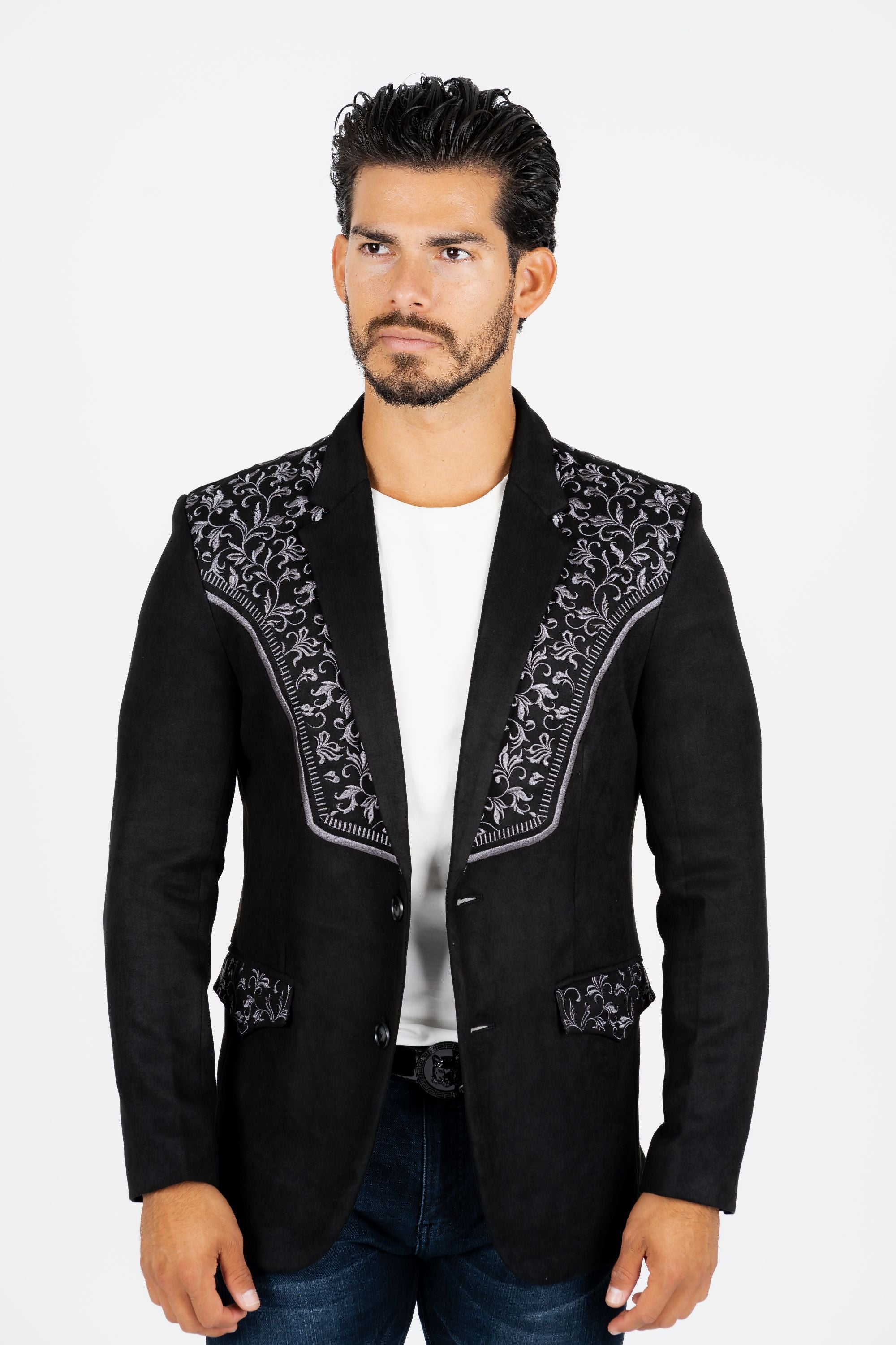 Men’s Black Faux Suede Embroidered Dinner Blazer – Modern Fit Formal Jacket – SuitUSA