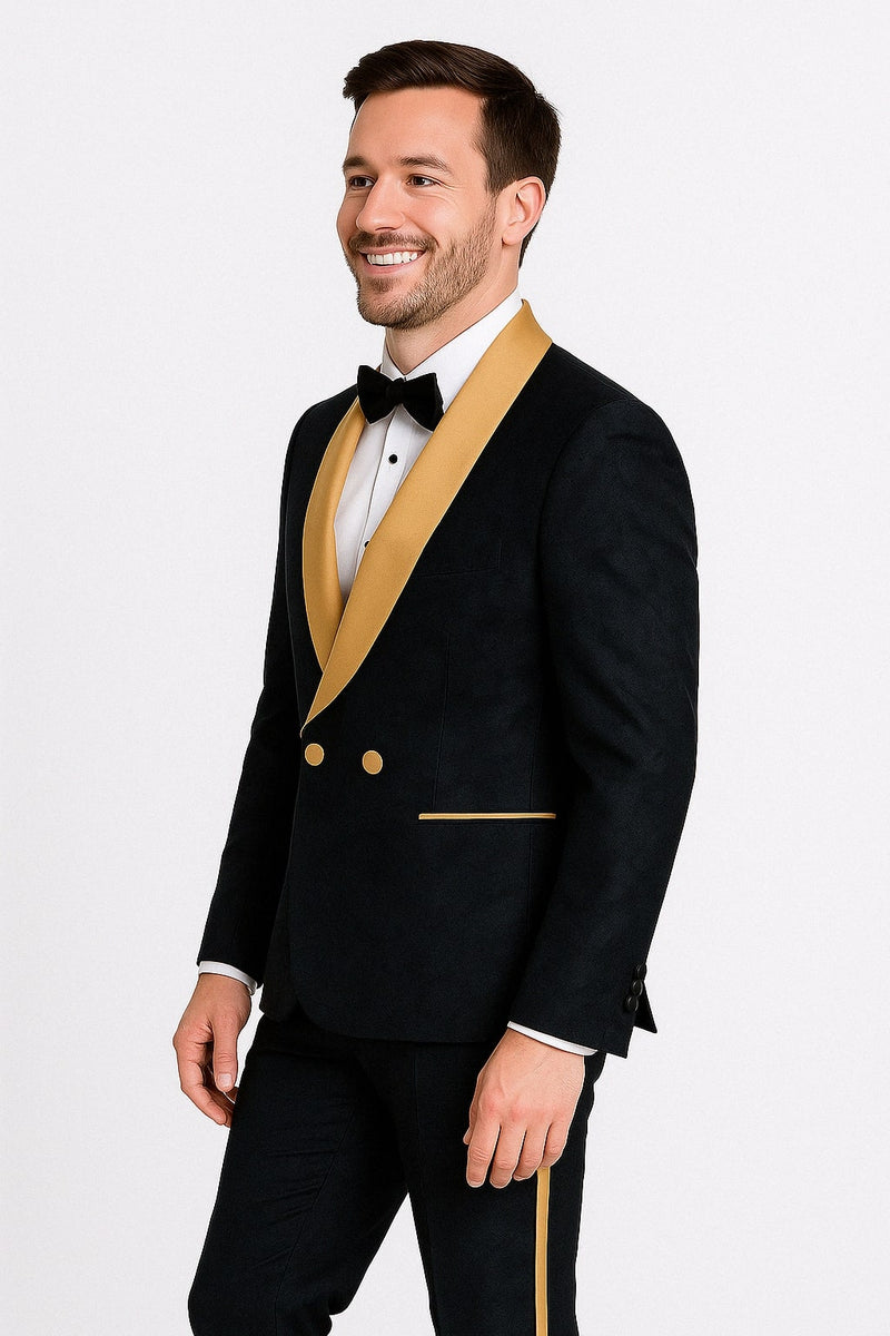 Men's Black and Gold Shawl Lapel Tuxedo with Jacquard Texture – Wedding & Prom Suit