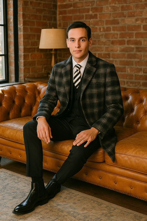 Men's Black and White Windowpane Plaid Overcoat - Classic Full Length Wool Blend Dress Coat by USA Men's Outlet