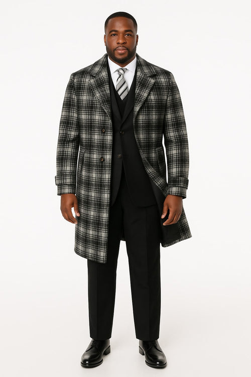 Men's Black and White Windowpane Plaid Overcoat - Classic Full Length Wool Blend Dress Coat by USA Men's Outlet